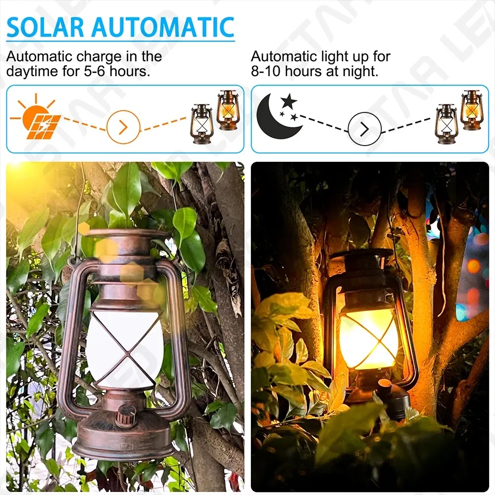 مصباح شمسية LED مقاوم للماء قابل للشحن بتصميم قديم للحديقة والفناء والسطح وزينة المنزل
