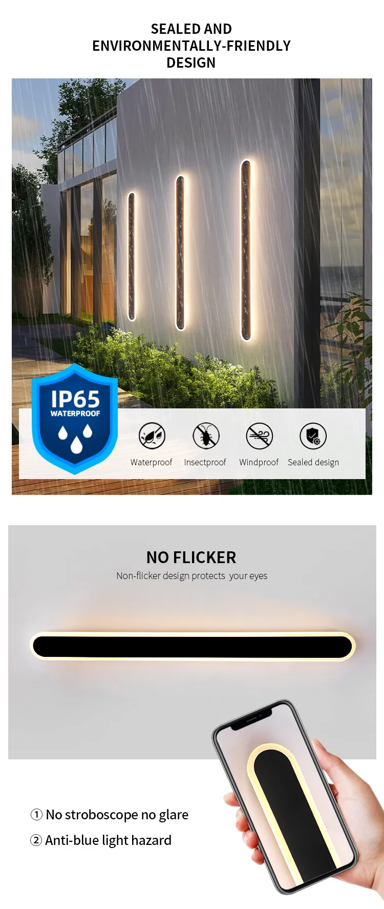 فوانيس حائطية LED خارجية مقاومة للماء بتصميم بسيط، مصنوعة من اللون الأسود، للإضاءة في الفناء أو المدخل