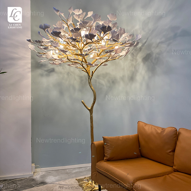 مصباح أرضي حديث بتصميم فاخر من الراتنج مع شجرة الجنكو بتقنية الإضاءة LED