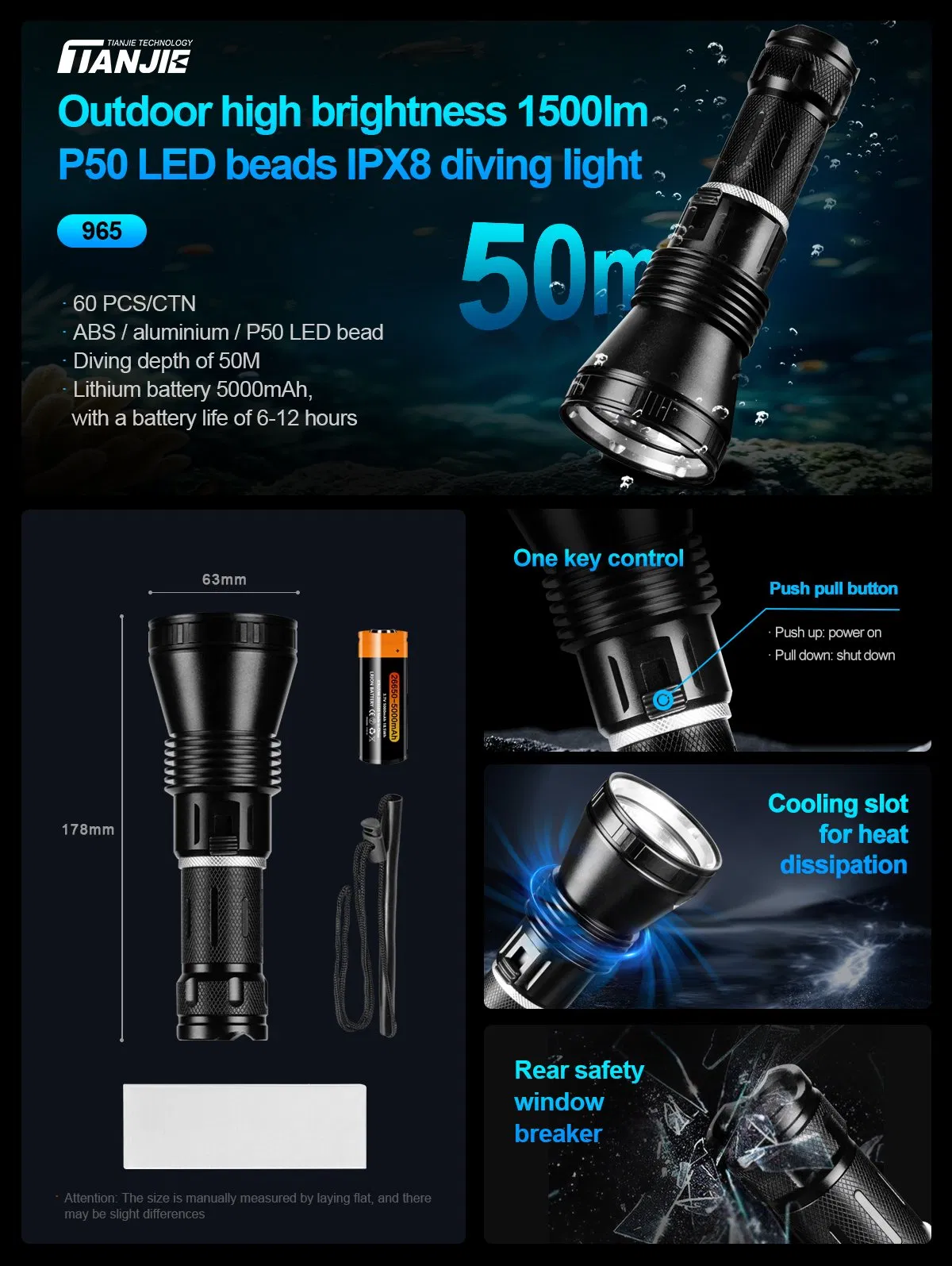 هليوس P50 Ipx8 50m مصباح غوص احترافي تحت الماء مزود بإضاءة LED مع كاسر زجاج LED فلاشلايت