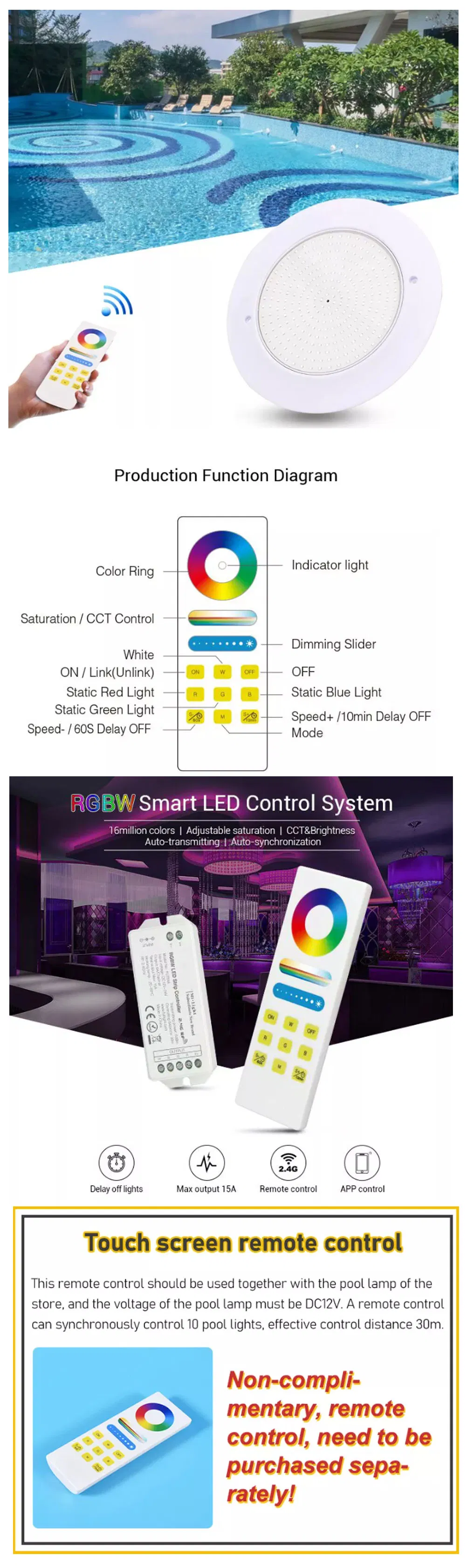 35W ضوء سباحة رفيع للغاية تحت الماء 12V ضوء سباحة RGB مثبت على الحائط