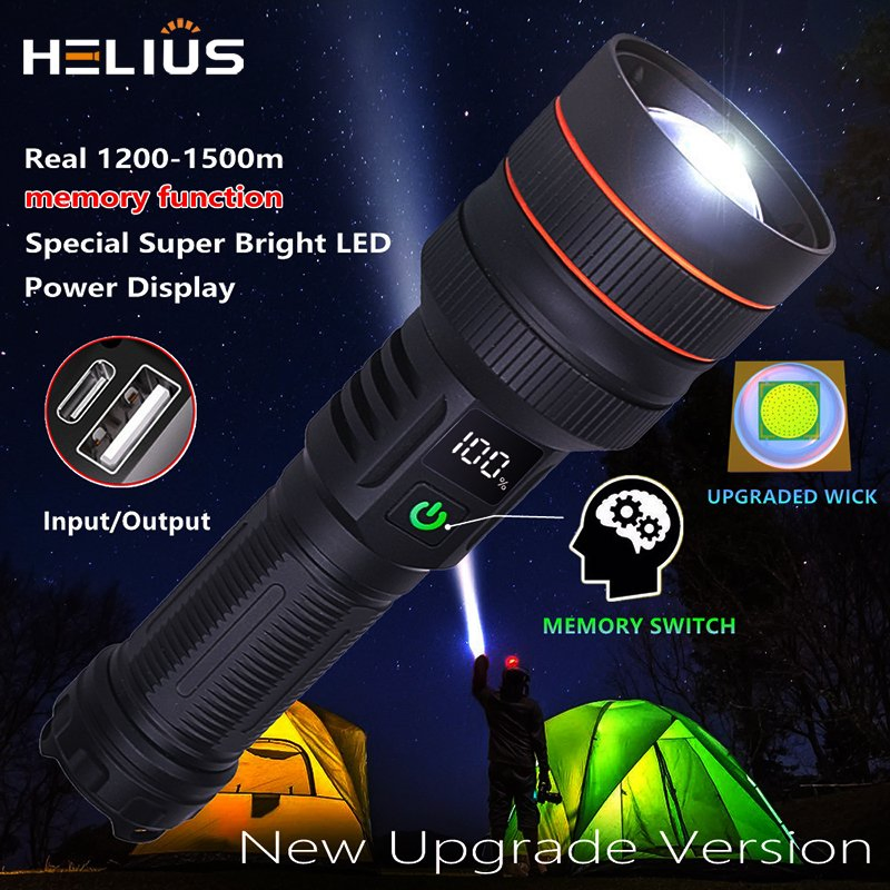 هيليوس 60W 1000m نطاق عرض رقمي مصباح LED قوي قابل للتكبير قابل لإعادة الشحن من نوع C مصباح يدوي LED