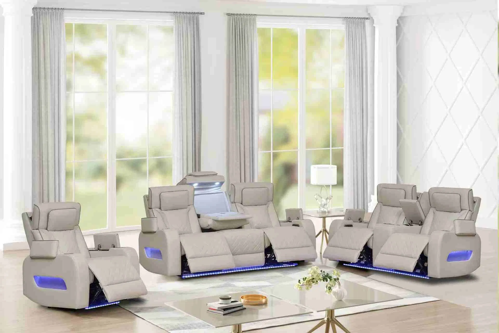 Large Loveseat Recliner, Sofa with Storage Console, Recliner Chair with USB Ports and Cup Holder Beige Breathing Leather