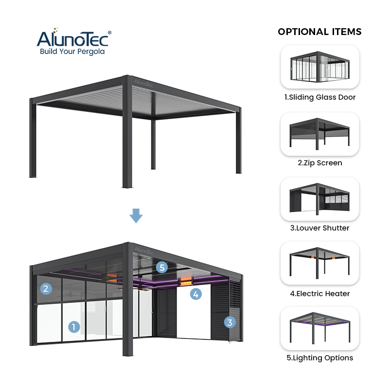 AlunoTec 4X8 DIY Waterproof Patio Sunshade Spring Electric Pool Garden Furniture Gazebo USA Commercial OEM Outdoor Aluminum Louvered Biolimatic Pergola