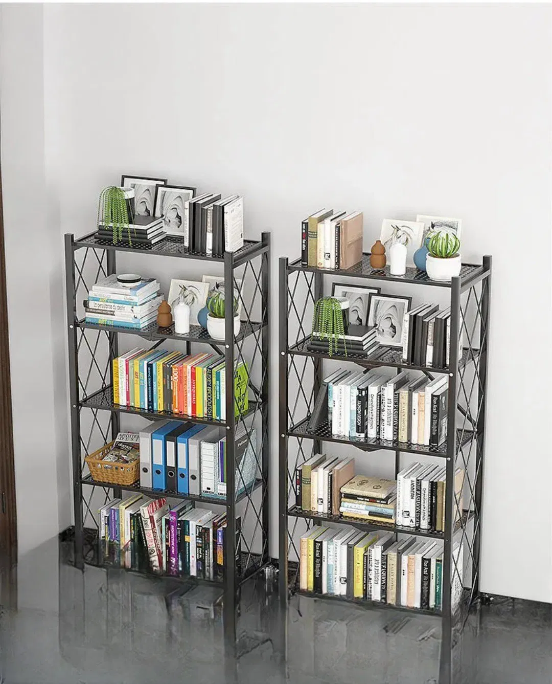 Multi-Tier Metal Kitchen Foldable Storage Rack with Wheels and Dense Mesh Frames