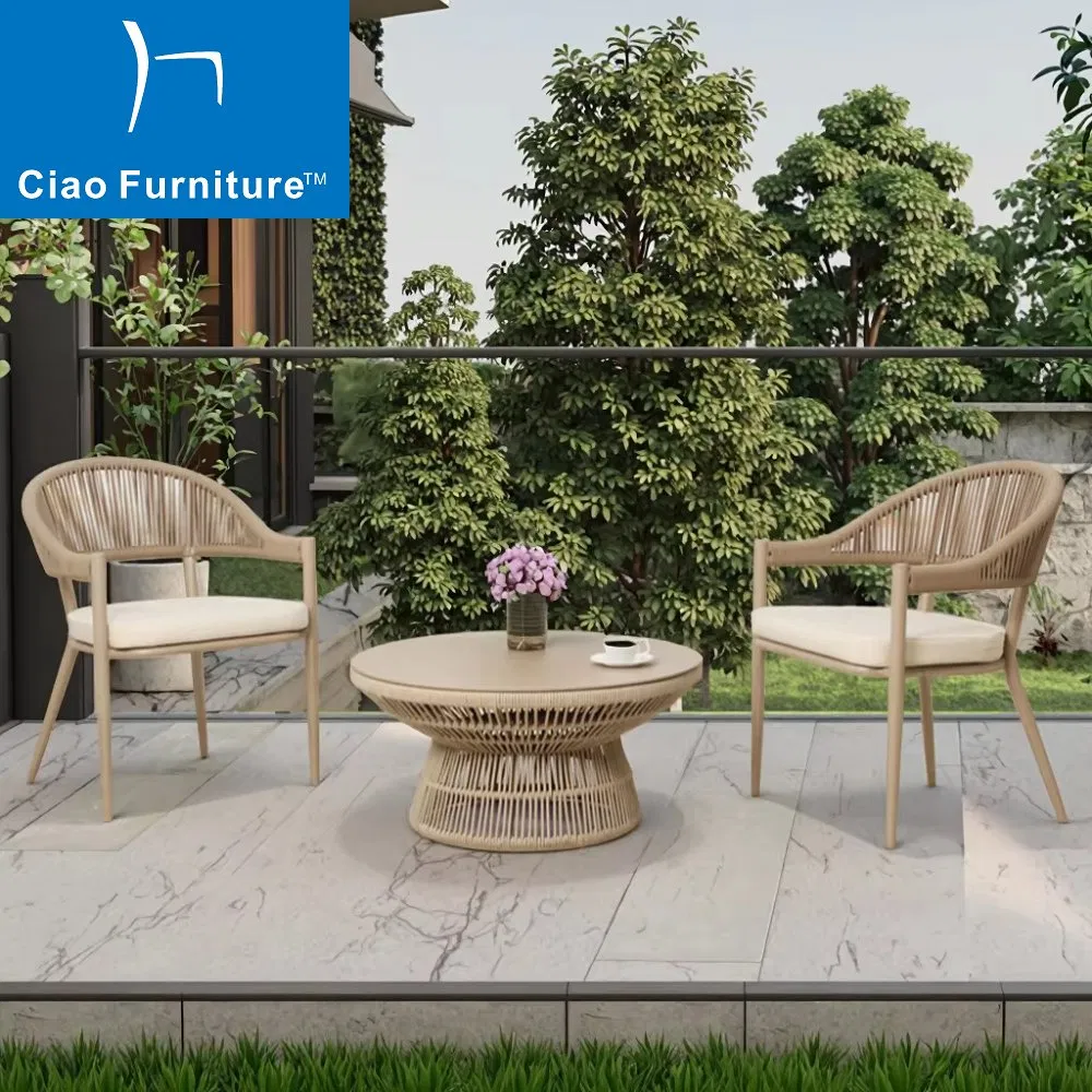 Hot Sale 3 Pieces Garden Outdoor Balcony Aluminum Coffee Table Set Rope Dining Chairs Furniture