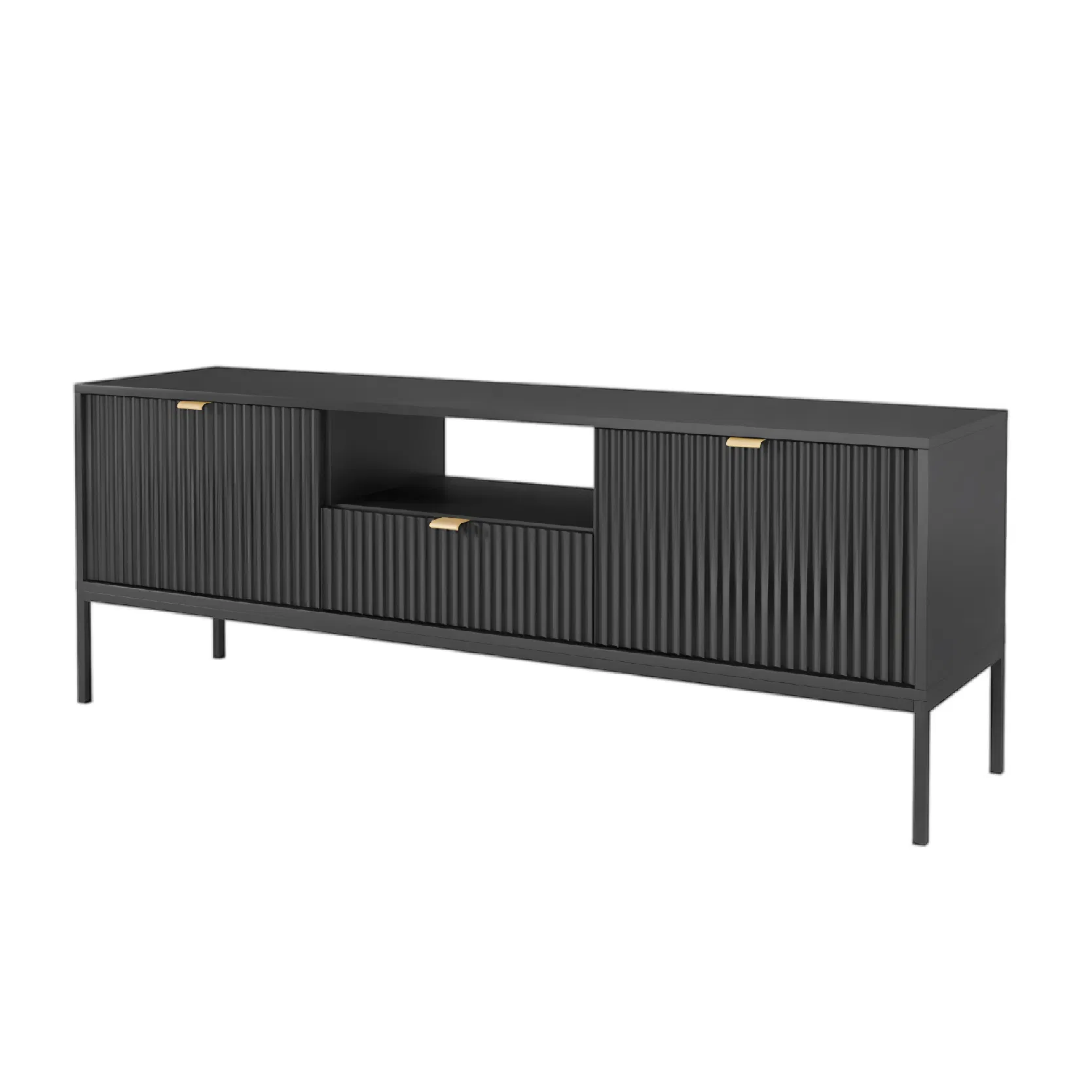 Modern Black New TV Stand with Metal Handles and Supports Grooved Door Design