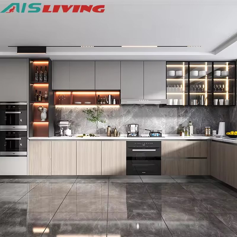 AIS 48 Hour Free Design Modern Kitchen Furniture with Island Custom Kitchen Cupboard for Villa Kitchen Cabinet Factory Manufacturers for Australia Canada