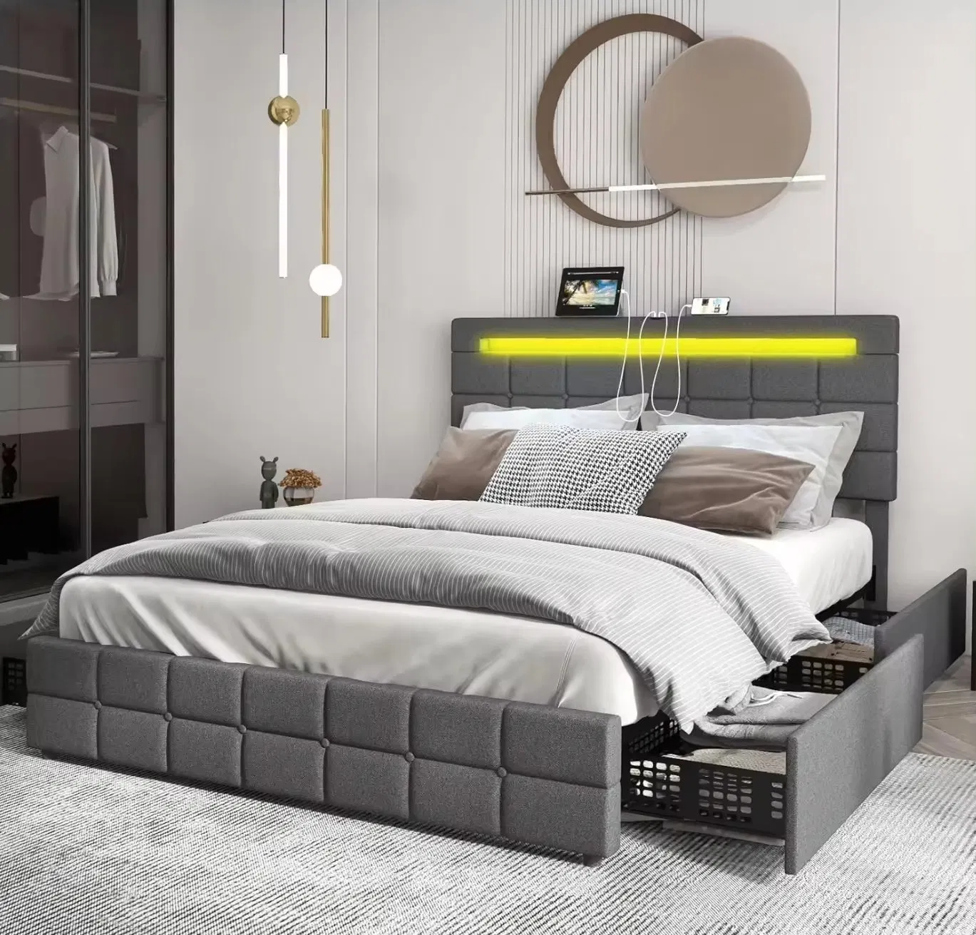 Yjx Full Size Bed Frame with USB Charging Station &amp; LED Lights