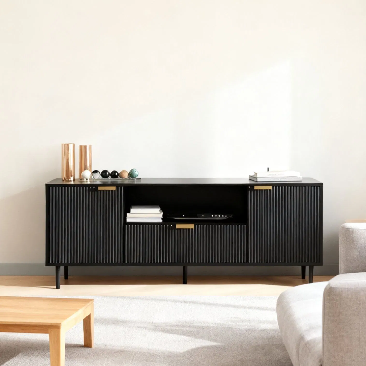Modern Black New TV Stand with Metal Handles and Supports Grooved Door Design