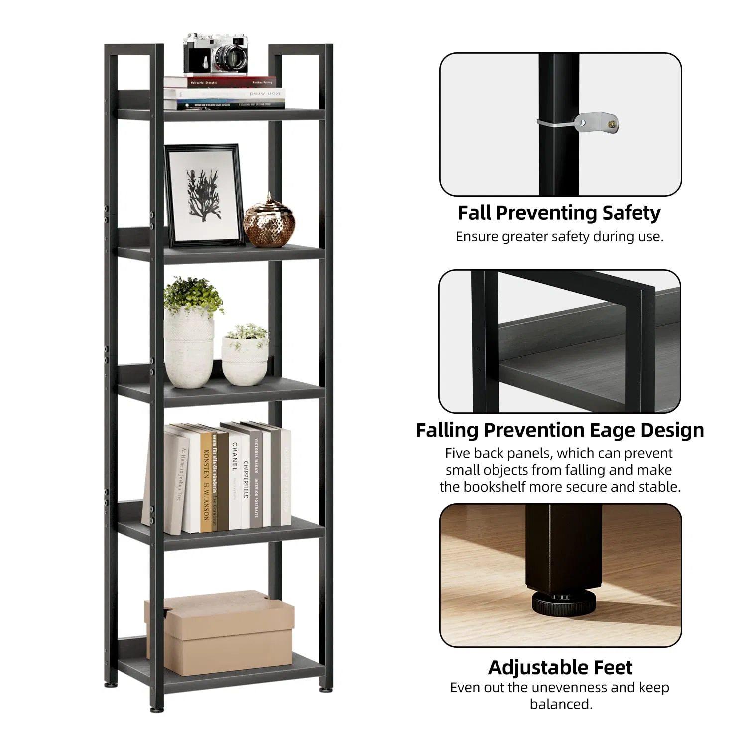Narrow Bookshelf, 5 Tier Bookshelves, Free Standing Storage Shelving Unit