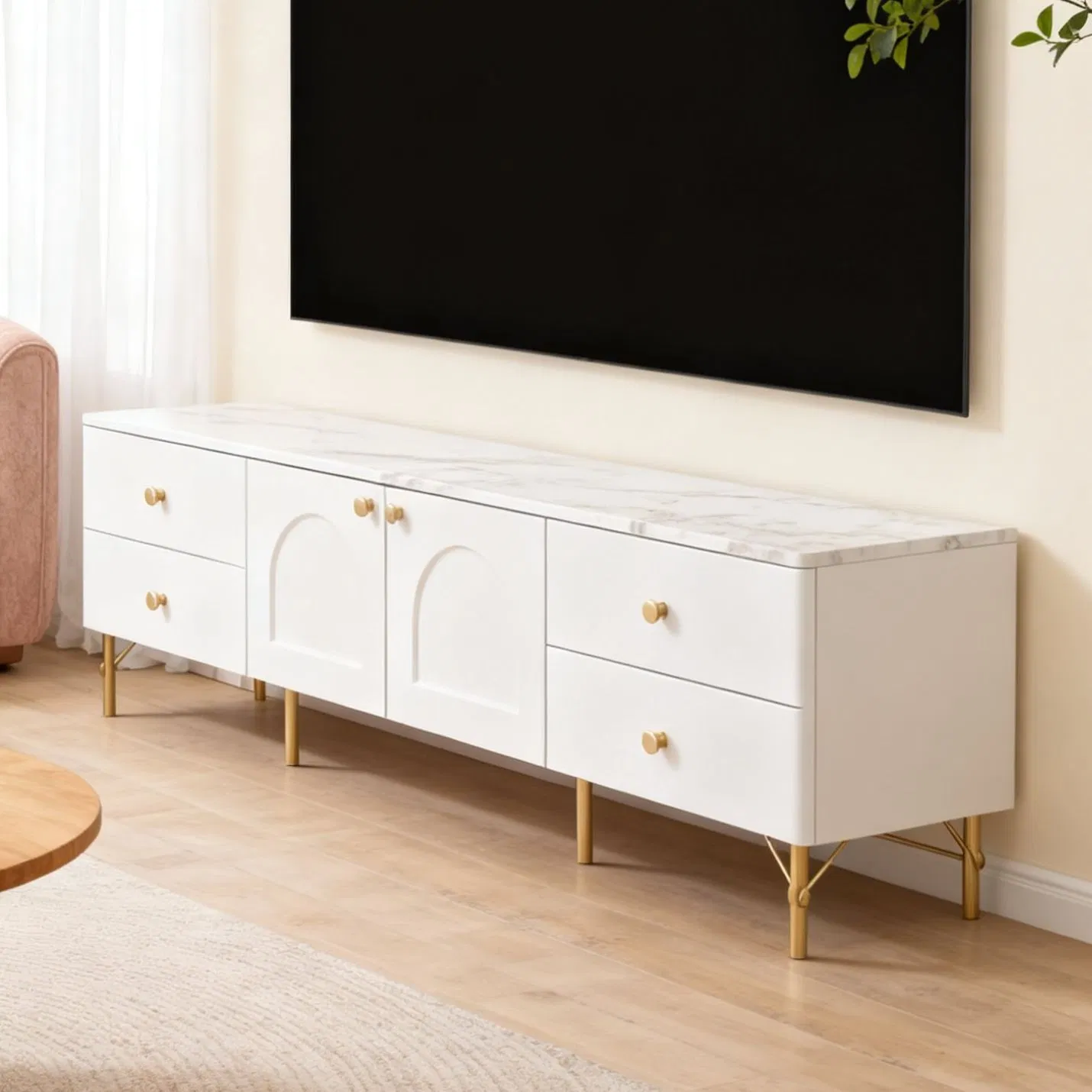 Factory-Customised White Elegant TV Stand for Living Room and Bedroom with Metal Handles and Brackets
