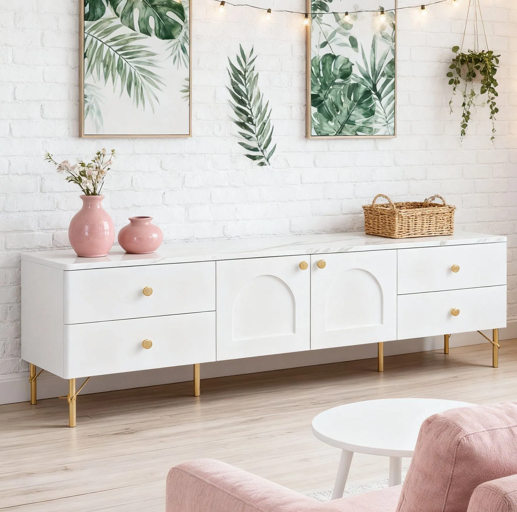 Factory-Customised White Elegant TV Stand for Living Room and Bedroom with Metal Handles and Brackets