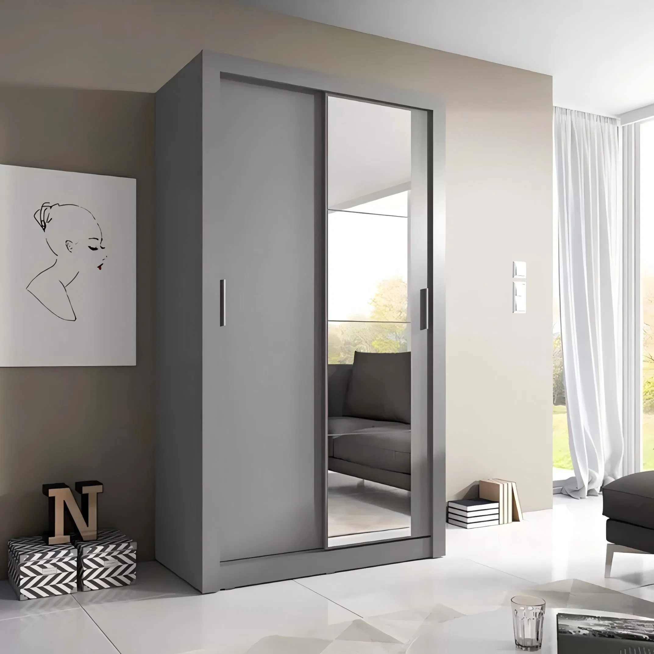 Wholesale Home Furniture Clothes Storage Cabinet Bedroom Wooden Mirror Door Wardrobe