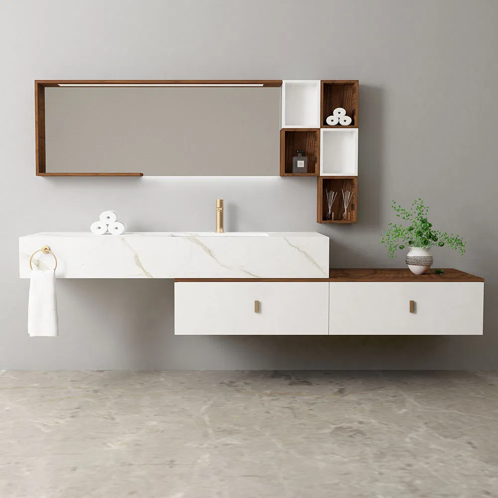 White and Brown Plywood Floating Modern Bathroom Furniture with Mirror Cabinet