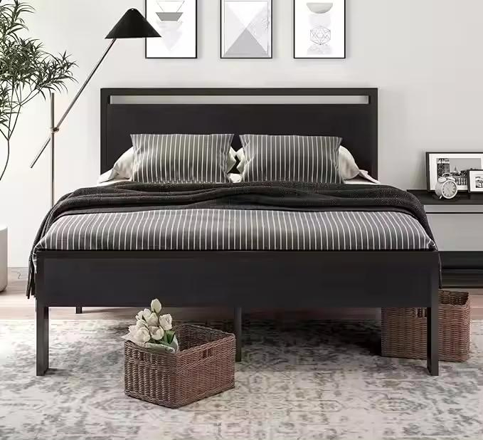 Stylish 14 Inch Queen Metal Bed Frame with Wooden Headboard