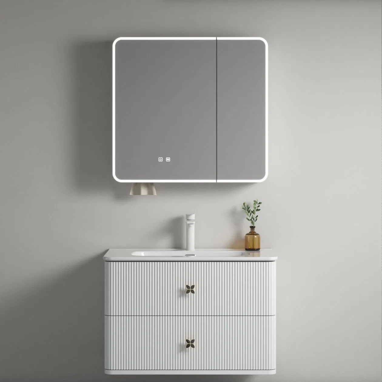 80cm White Double Drawer Striped Bathroom Cabinet