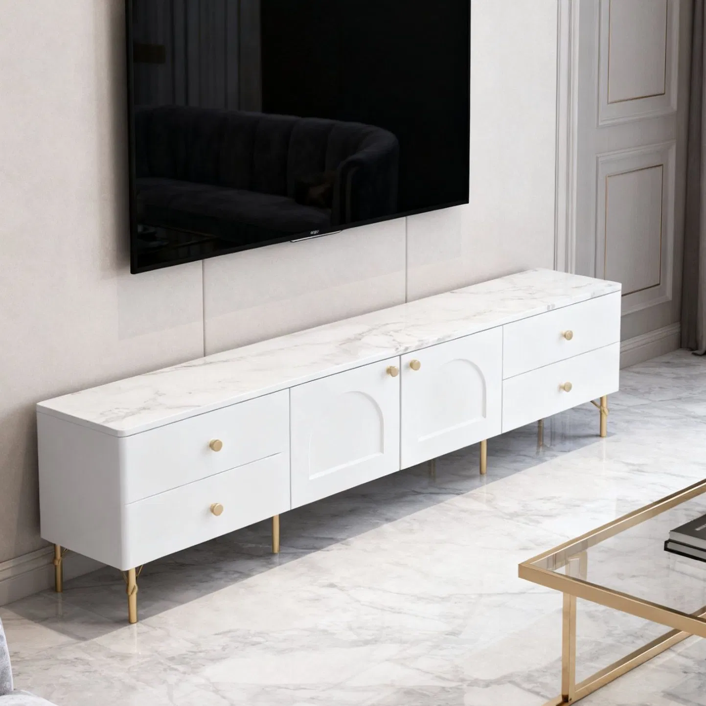 Factory-Customised White Elegant TV Stand for Living Room and Bedroom with Metal Handles and Brackets