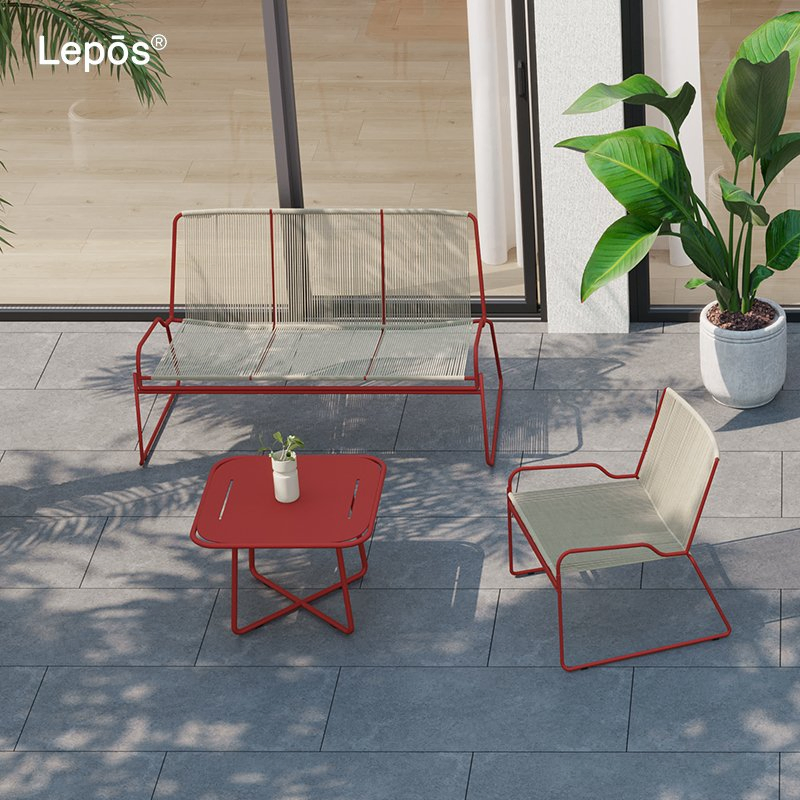 Modern 2-Seater Outdoor Loveseat Waterproof Mesh Seat Garden Party Balcony Cafe Poolside Patio Sofa with Rope and Aluminum Frame