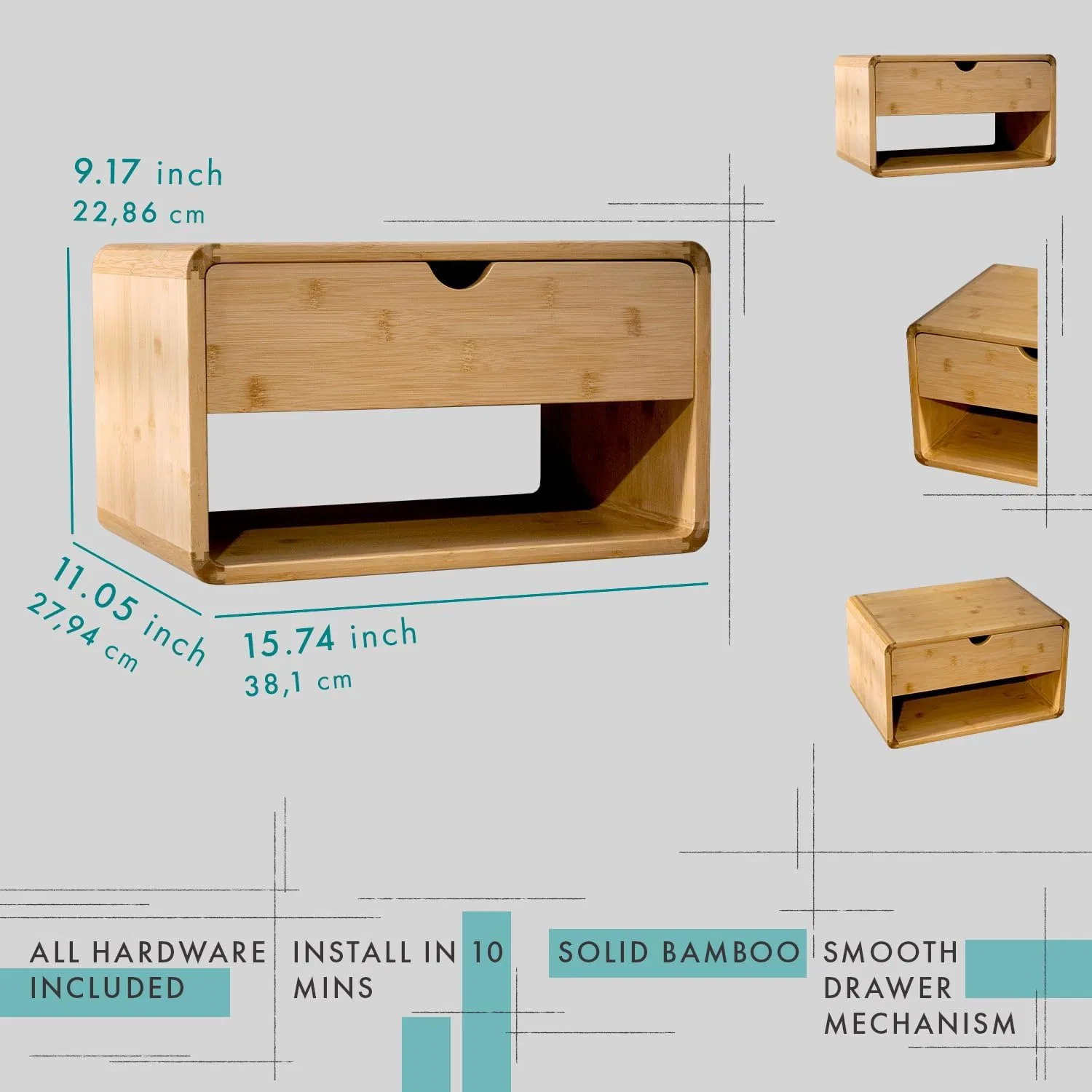 Minimalist Bamboo Wall-Mount Bedside Shelf, Modern Floating Nightstand with Drawer