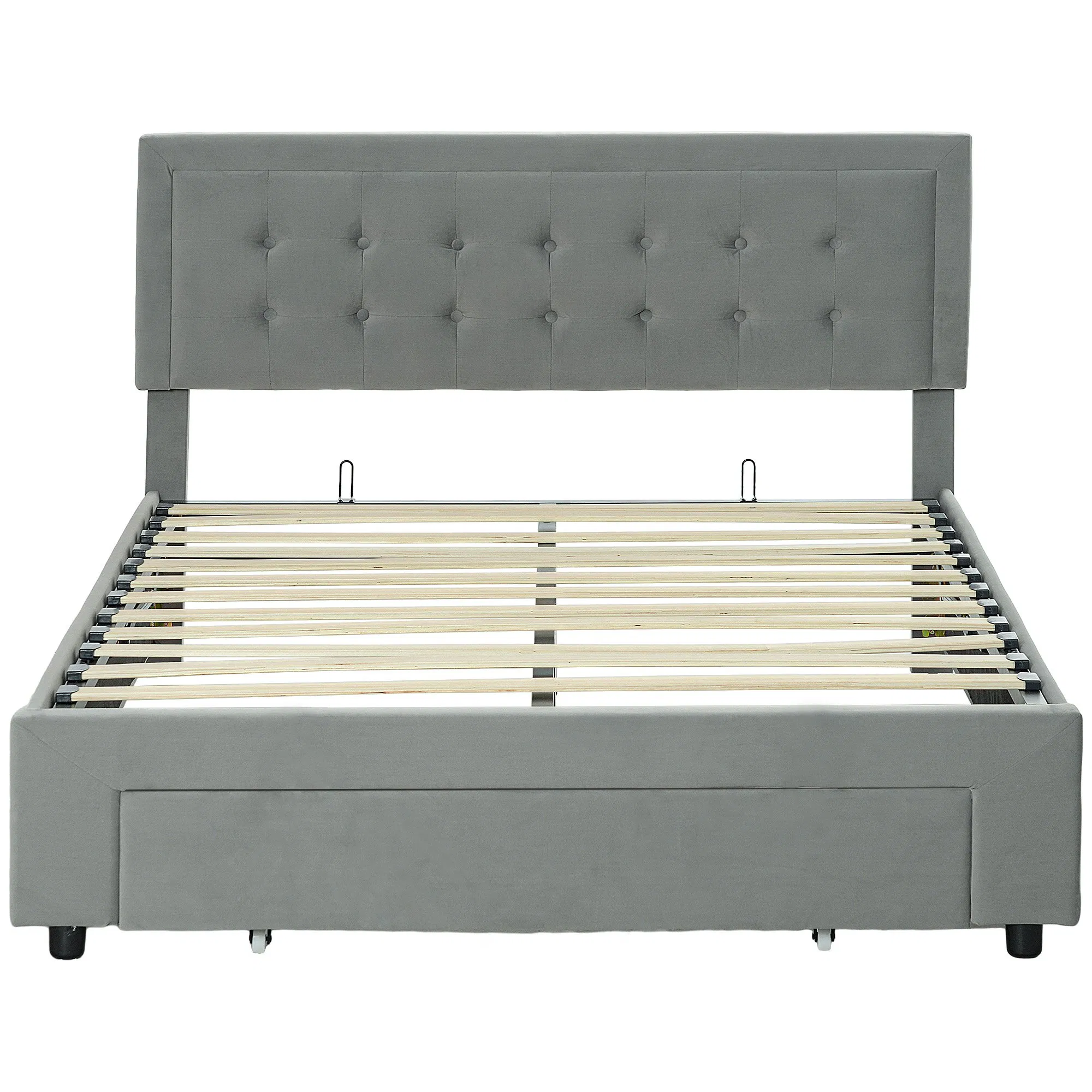 Luxury Fabric Upholstered Solid Wood Bed Frame with Gas Lift Storage