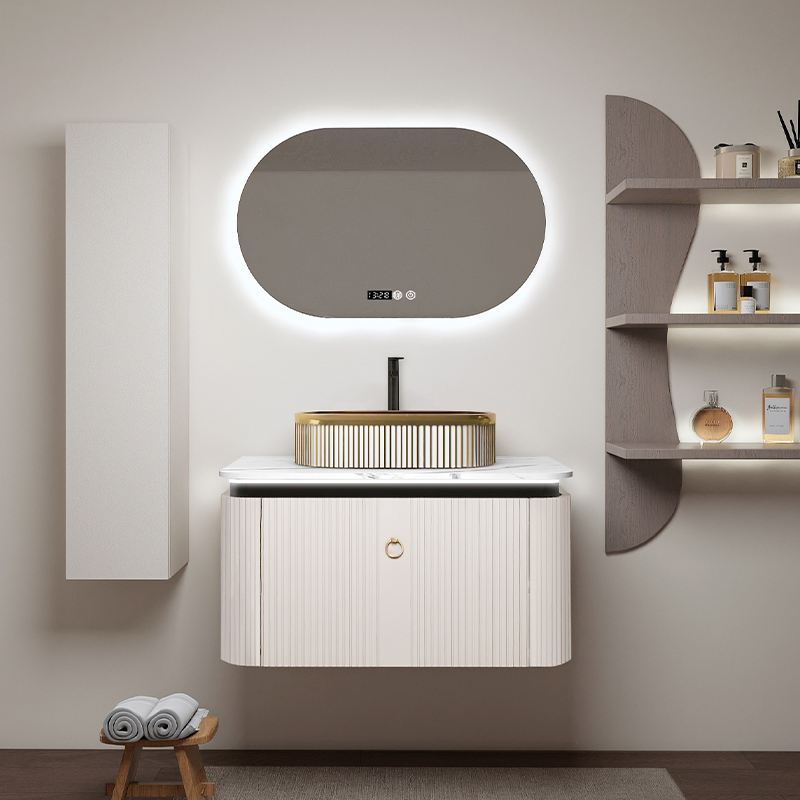 Modern Design Fluted Light Walnut Curve Bathroom Cabinet with LED Mirror for Hotel 2816-80