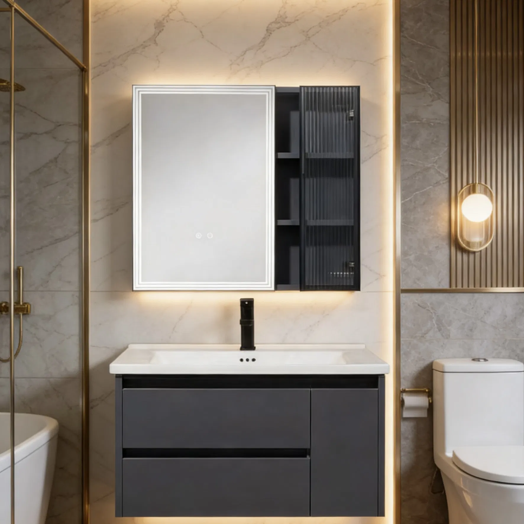 Jf Modern Bathroom Cabinet with Ceramic Basin Mirror