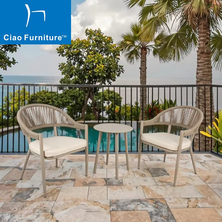 Hot Sale 3 Pieces Garden Outdoor Balcony Aluminum Coffee Table Set Rope Dining Chairs Furniture