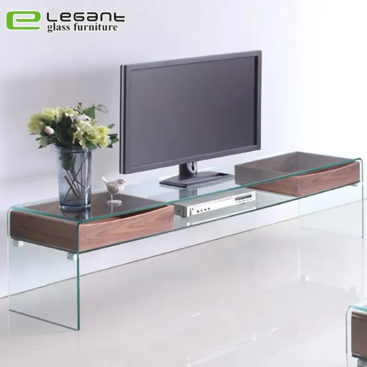 Glass TV Stand Walnut Veneer
