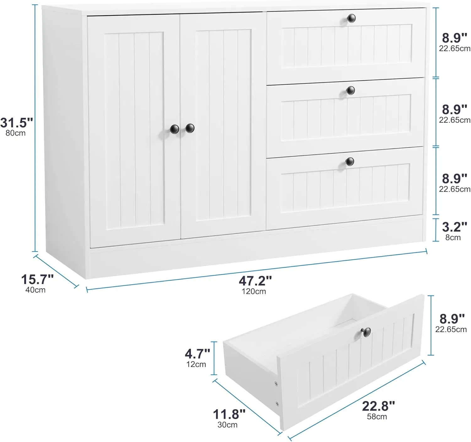 Large Modern White Wooden Sideboard, Luxurious Storage Cabinet with Drawers