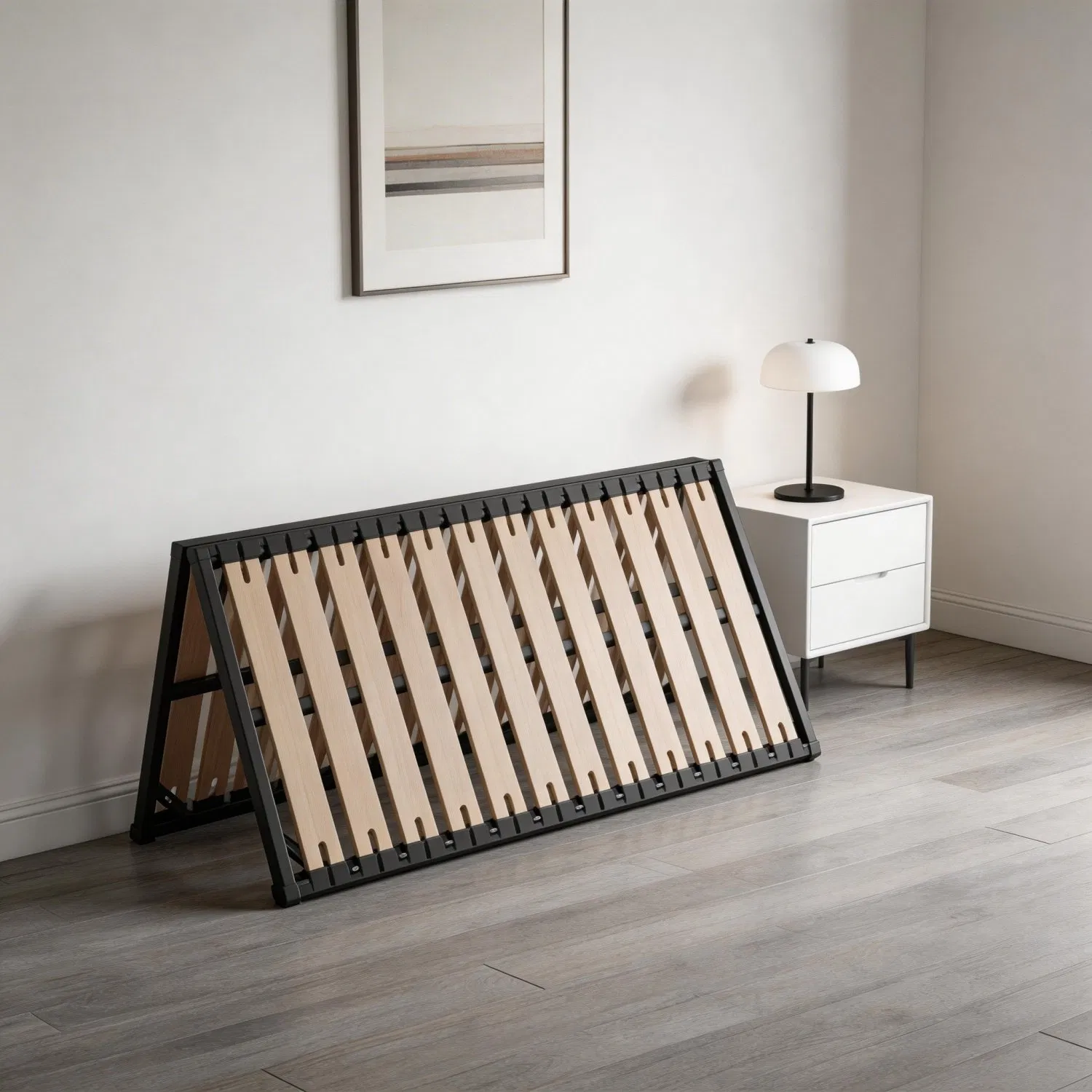 Folding Metal Slat Bed Base Foldable Bed Frame with Bidirectional Collapse and Removable Wood Planks in Multiple Widths to Suit Different Support Needs
