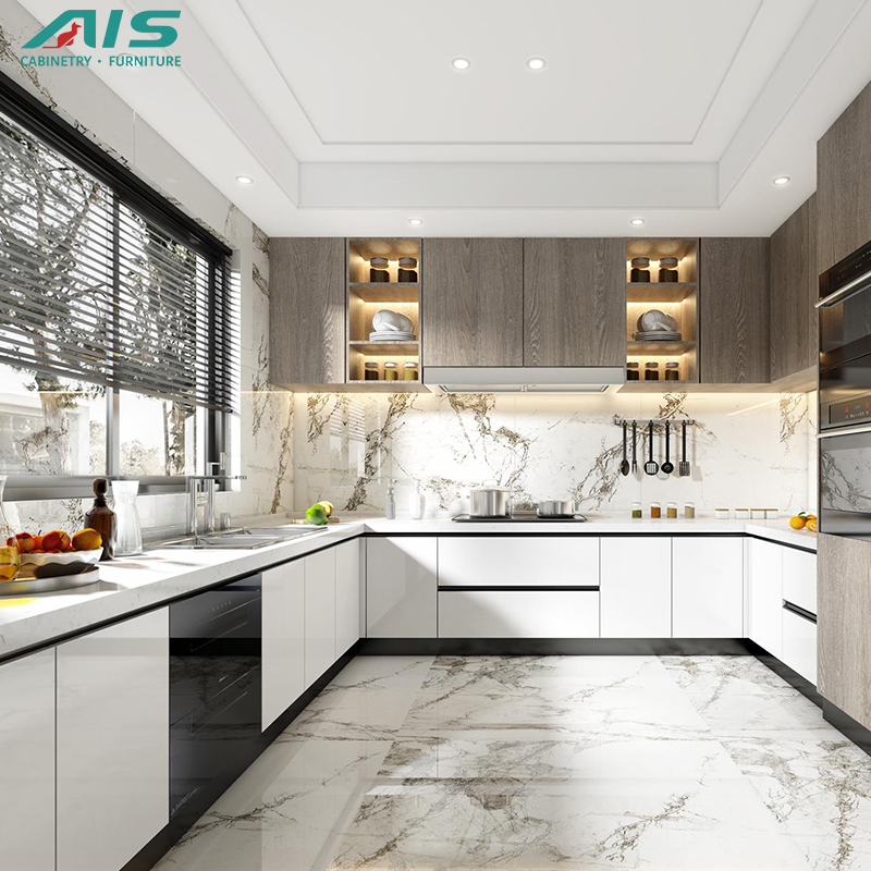 AIS Custom Modern Luxury European Style White Gloss Modular Kitchen Cabinet with Island Designs Cabinet