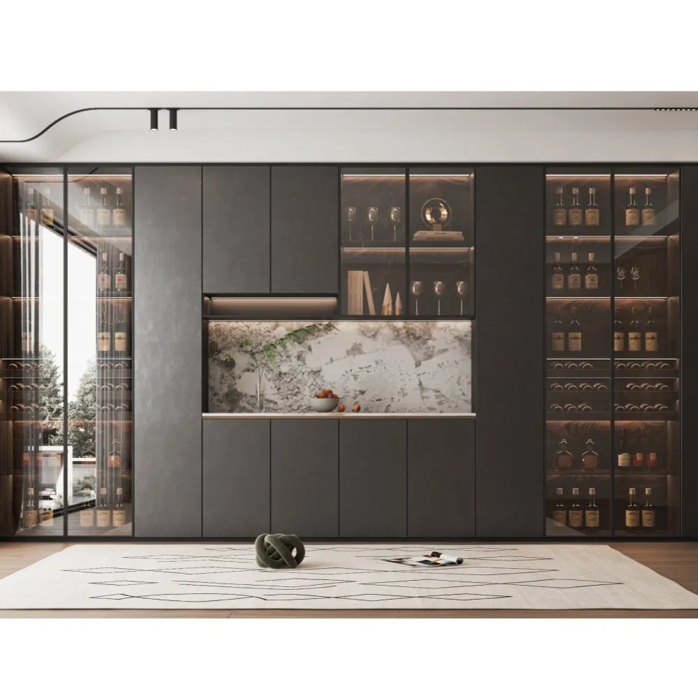 Minimalist Dining Sideboard Plywood Glass Doors LED Light Strip Storage Cabinet