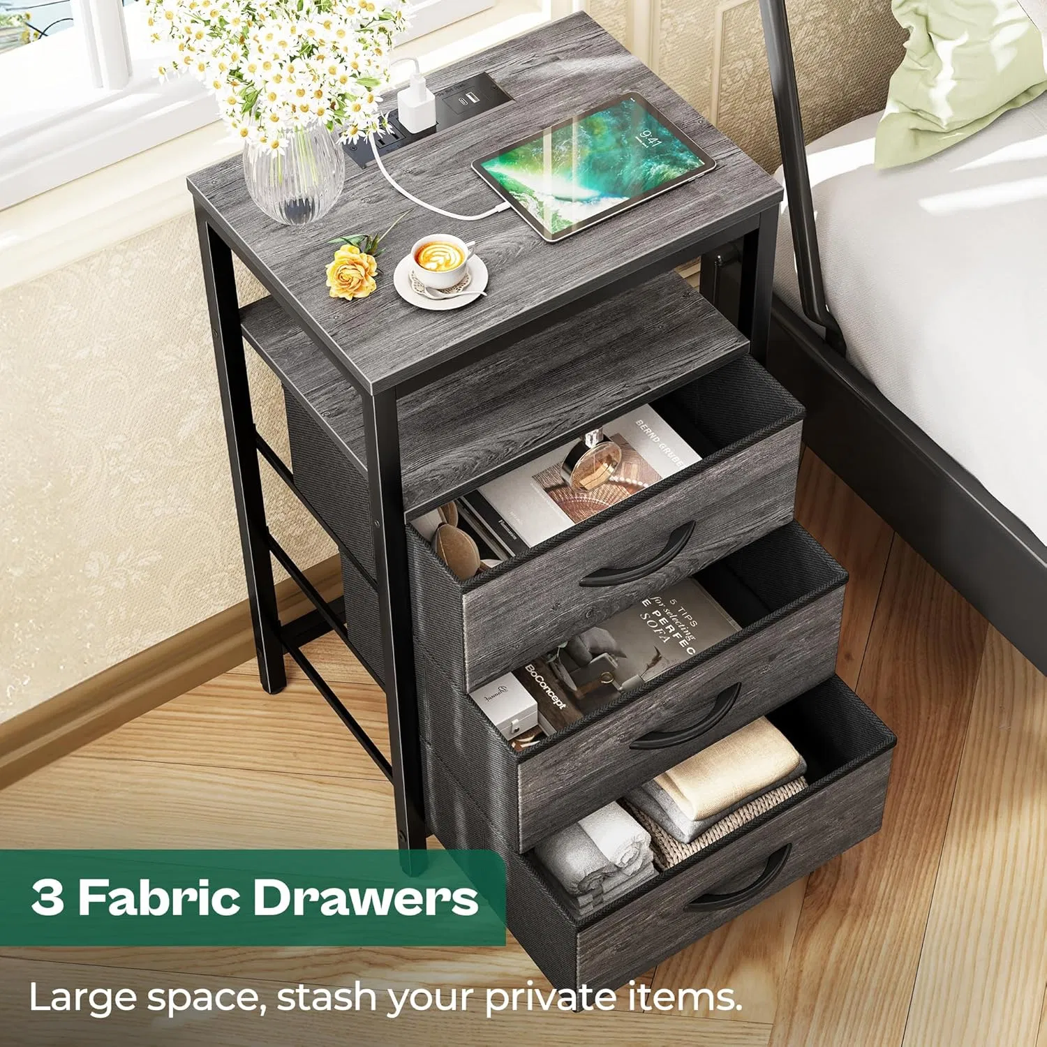 High Quality Square Nightstand with Charging Station and USB Ports Bedside Table with Drawer