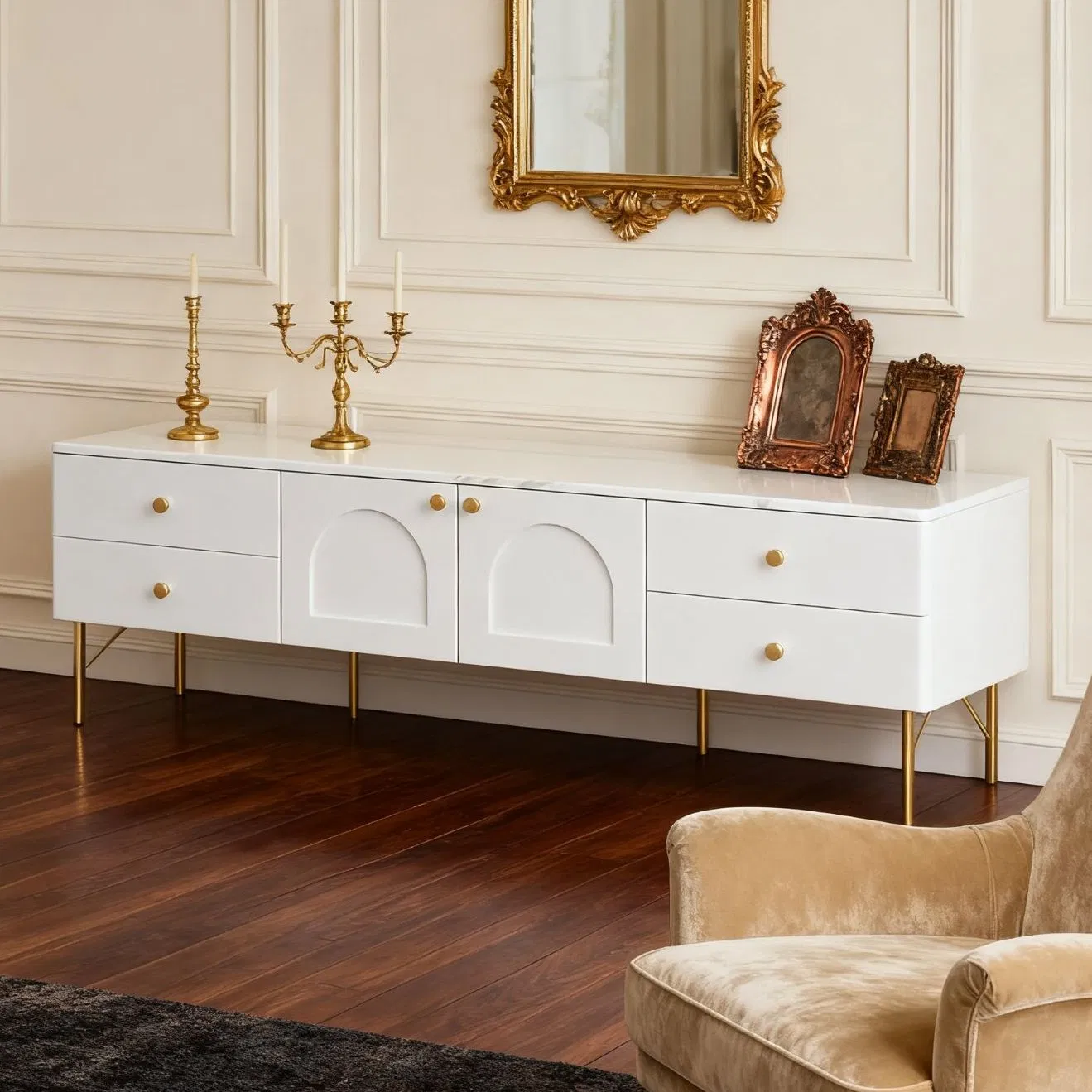 Factory-Customised White Elegant TV Stand for Living Room and Bedroom with Metal Handles and Brackets