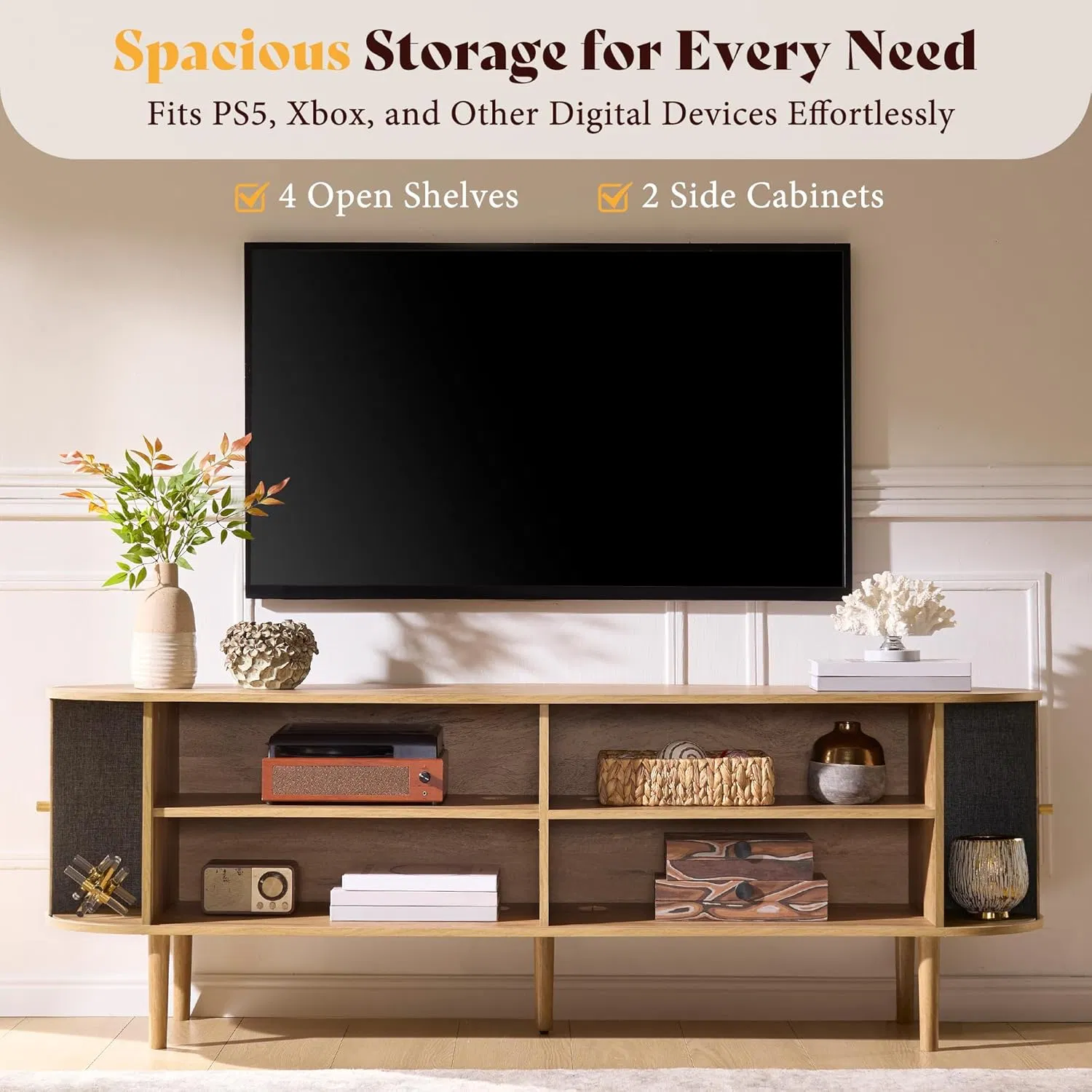 Functional Scandinavian Round Solid Wood TV Stand with 4 Open Shelves and 2 Side Cabinets for Living Room