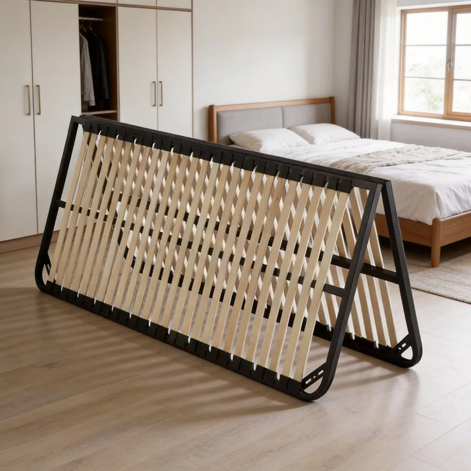 Folding Metal Slat Bed Base Foldable Bed Frame with Bidirectional Collapse and Removable Wood Planks in Multiple Widths to Suit Different Support Needs