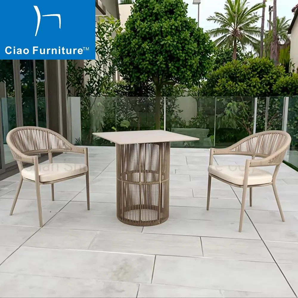 Hot Sale 3 Pieces Garden Outdoor Balcony Aluminum Coffee Table Set Rope Dining Chairs Furniture