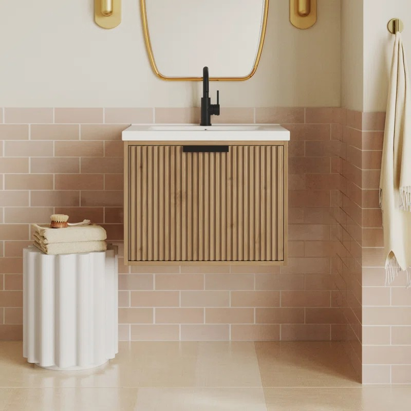 Modern Design Fluted Light Home Furniture Hanging Bathroom Cabinet with Sink