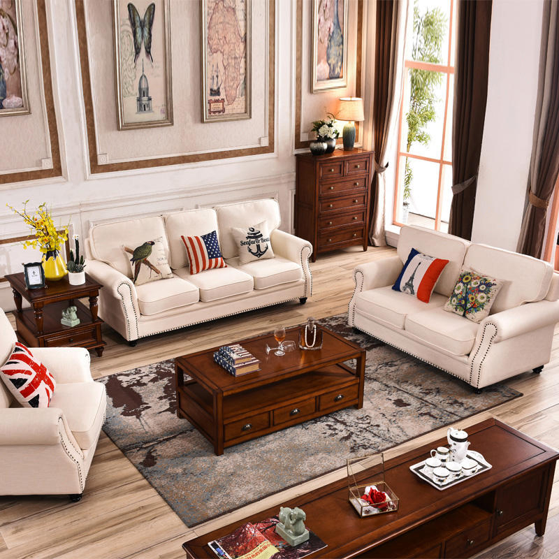 Luxury Living Room Sofas 3 Seaters Loveseats Sectional Sofa White Fabric Modern American Style Chesterfield Sofa