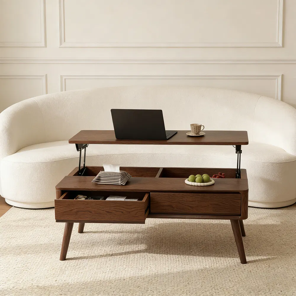 Height-Adjustable Coffee Table with 2 Drawers and Hidden Storage