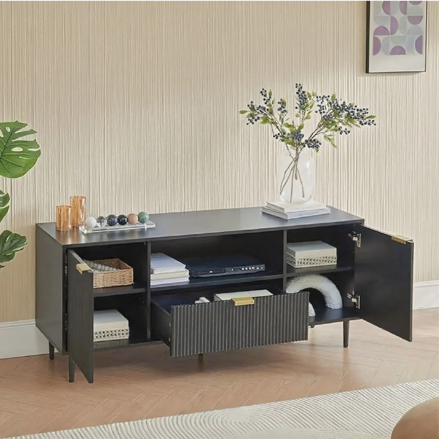 Modern Black New TV Stand with Metal Handles and Supports Grooved Door Design