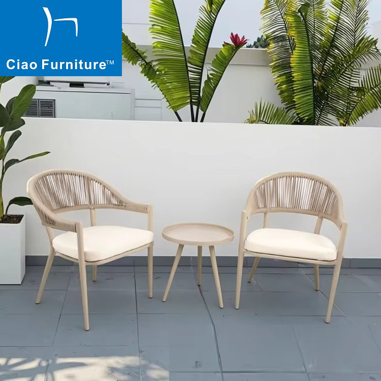 Hot Sale 3 Pieces Garden Outdoor Balcony Aluminum Coffee Table Set Rope Dining Chairs Furniture