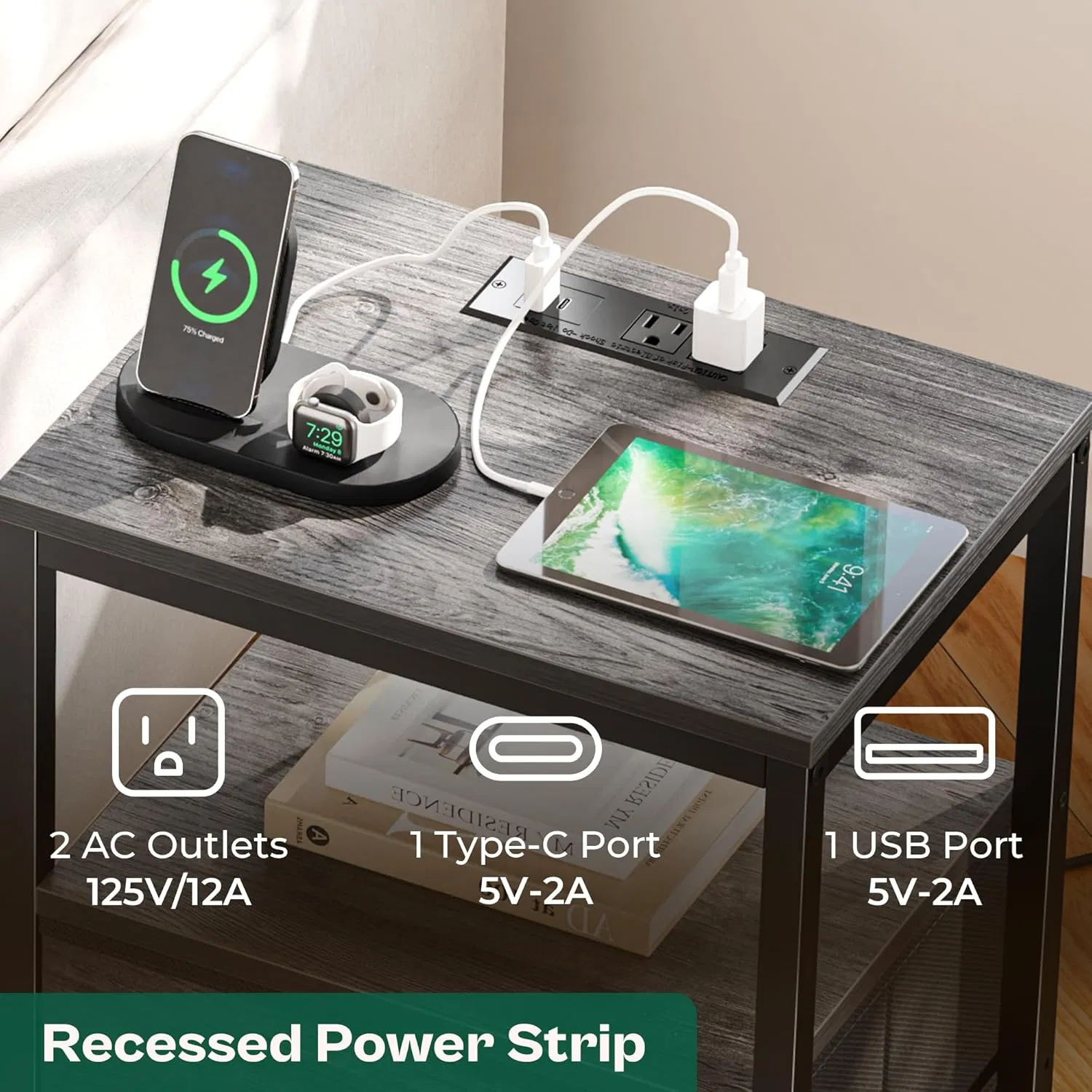 High Quality Square Nightstand with Charging Station and USB Ports Bedside Table with Drawer