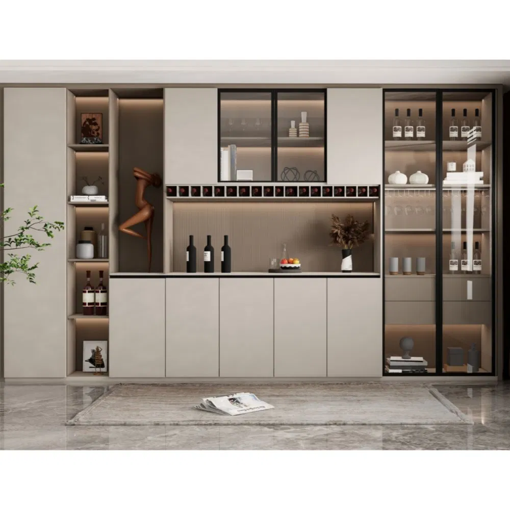 Minimalist Dining Sideboard Plywood Glass Doors LED Light Strip Storage Cabinet