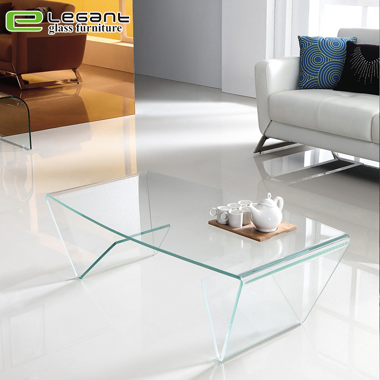 Clear Bent Glass Coffee Table with Frosted Shelf