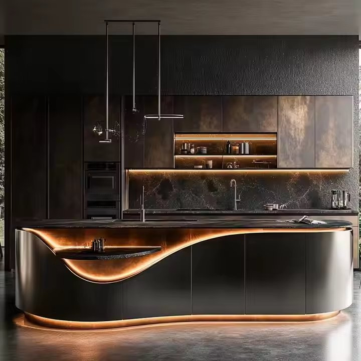 One-Stop Design Fashionable Villa Apartment Residential Cabinets and Sideboards High-End Matt Black Kitchen Cabinet Customization