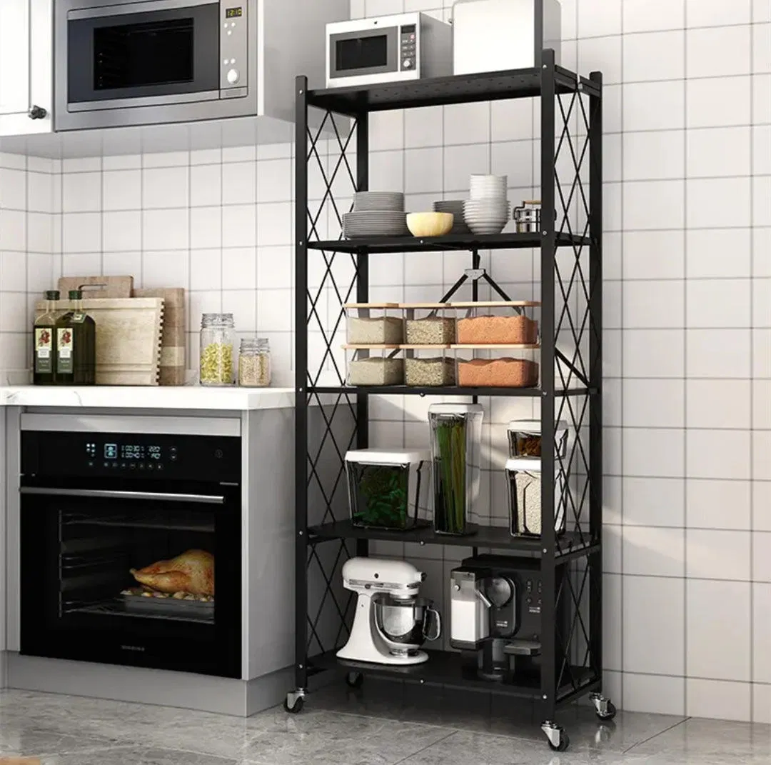 Multi-Tier Metal Kitchen Foldable Storage Rack with Wheels and Dense Mesh Frames
