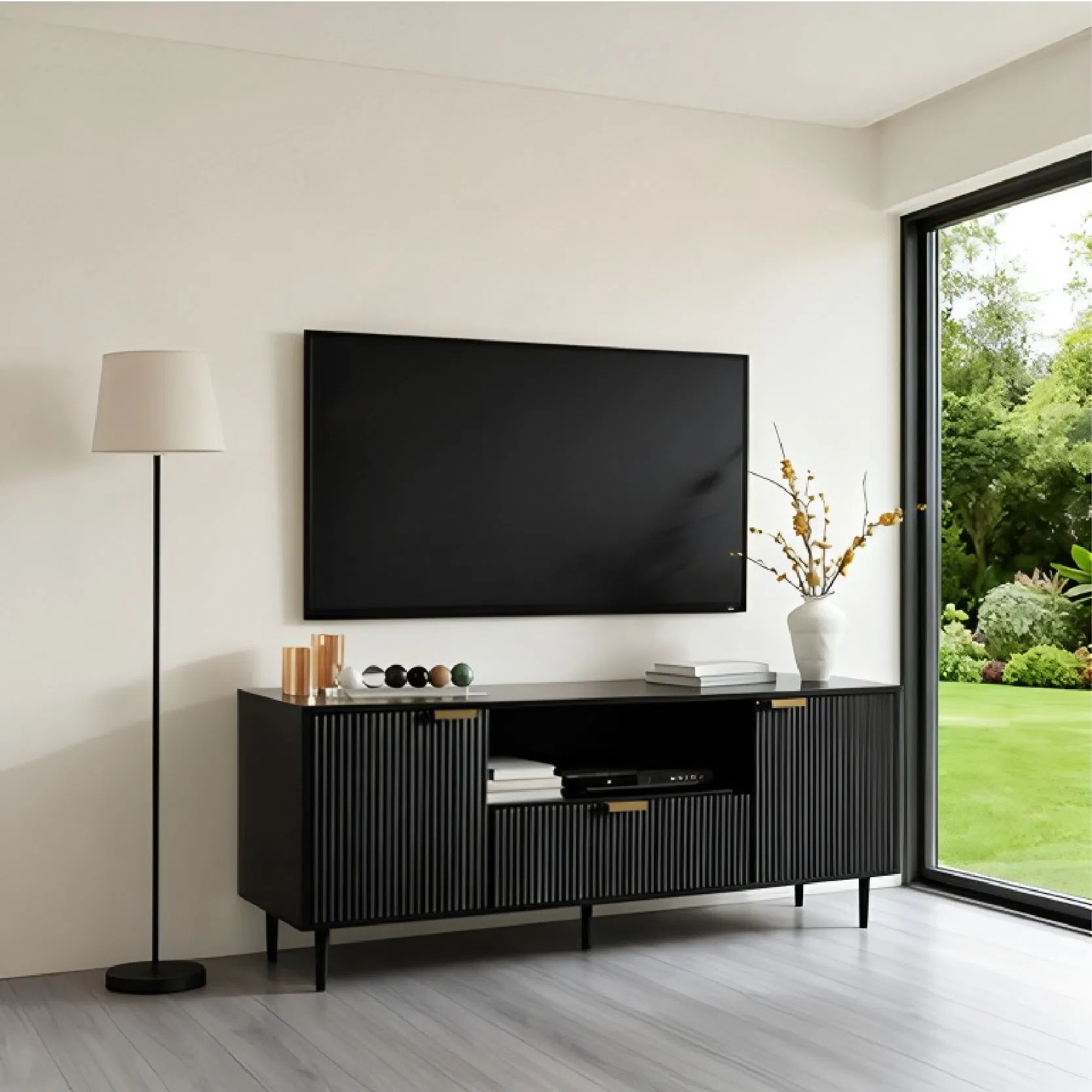 Modern Black New TV Stand with Metal Handles and Supports Grooved Door Design