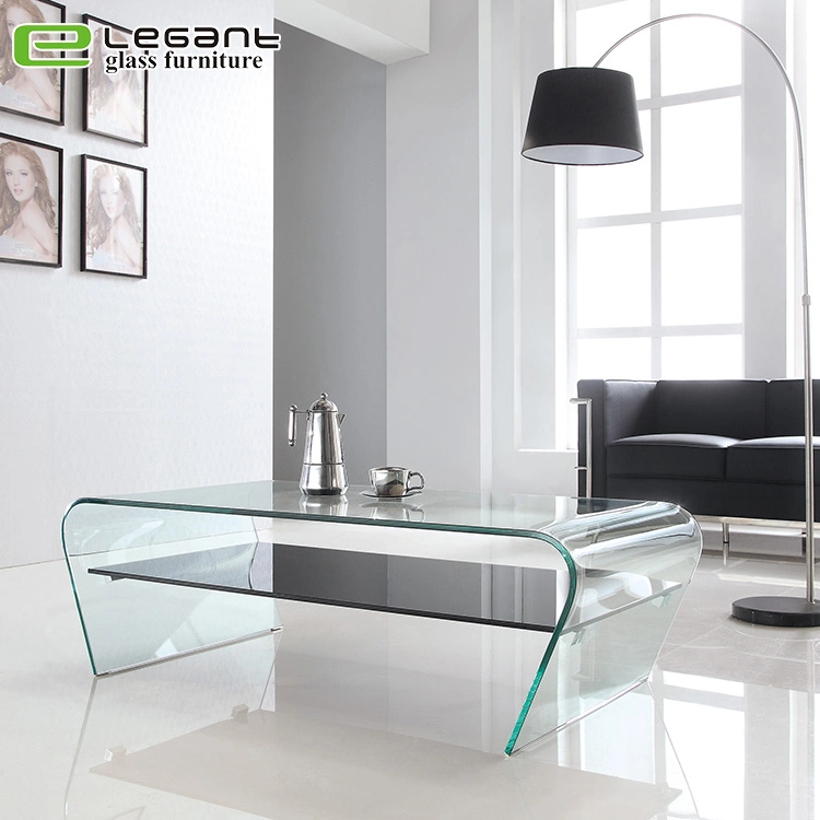 Clear Bent Glass Coffee Table with Frosted Shelf